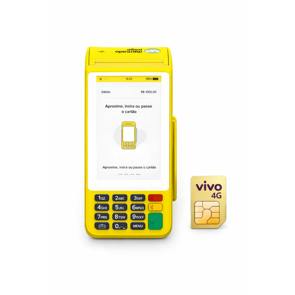Máquina de cartão Point Pro 3 Mercado pago, Chip Vivo 4G, Tela Touch, imprime o comprovante - Cor Amarela