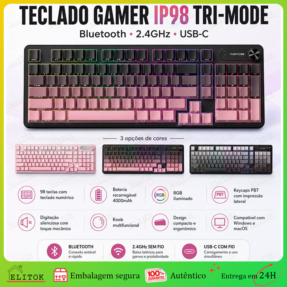 Teclado Gamer Sem Fio 3 Modos – Bluetooth + 2.4GHz + USB-C Com Sensação Mecânica, Design Elegante E Retroiluminado