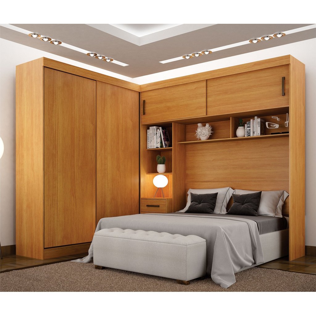 Guarda-Roupa Casal com Cabeceira Queen 4 Portas de Correr 3 Gavetas Florença Espresso Móveis Marrom/Canela Canela