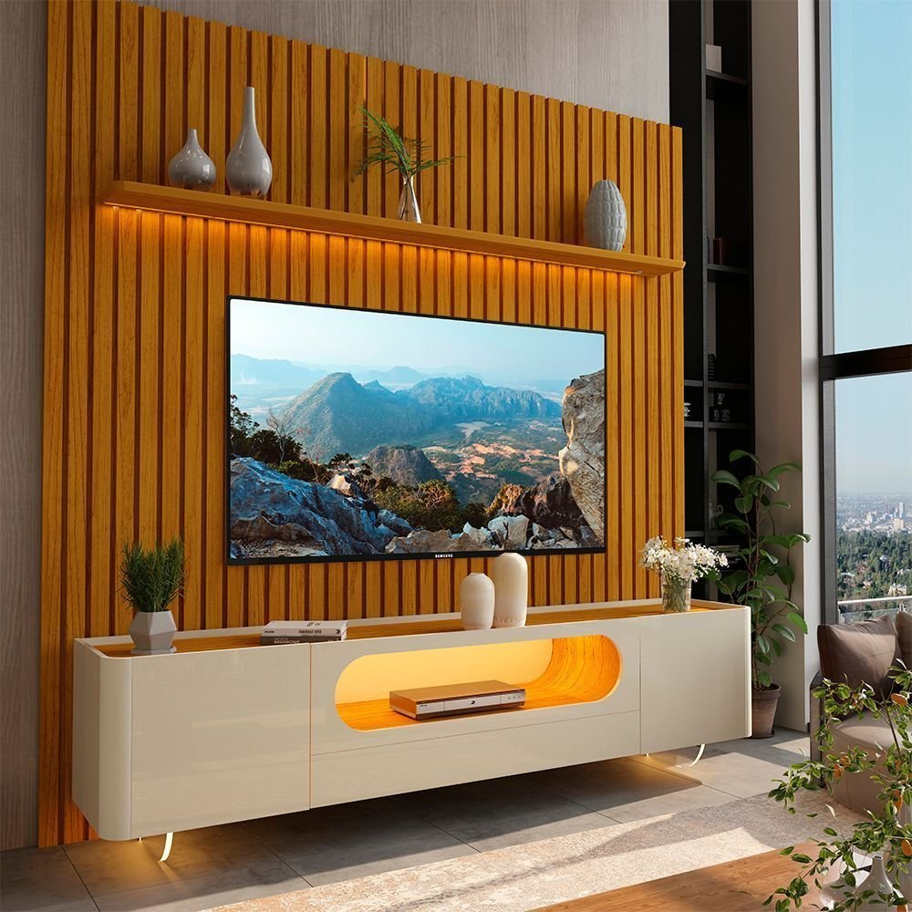 Rack com Painel Ripado para TV até 90 Polegadas 100% MDF com LED 228,8CMX310CM 1 Gaveta 2 Portas Nobre Marrom