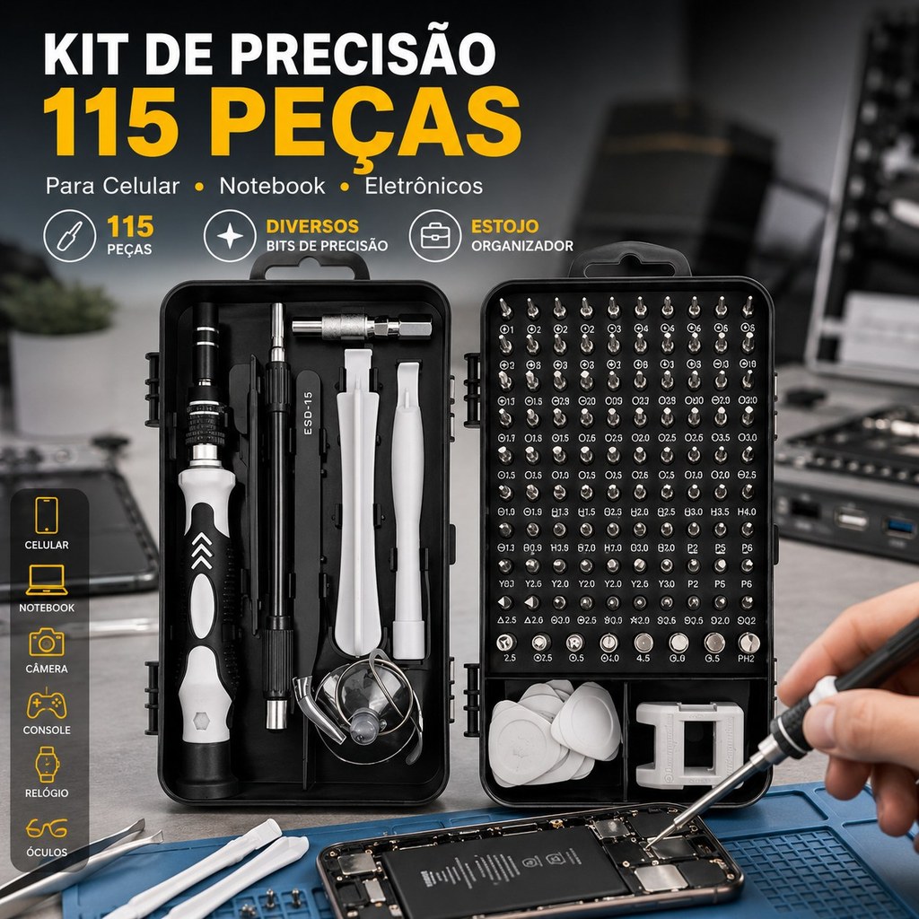 Jogo Chaves De Fenda Precisão Com 115 peças 1 Kit Ferramentas P/ Manutenção Celular Notebook Tablet Reparação