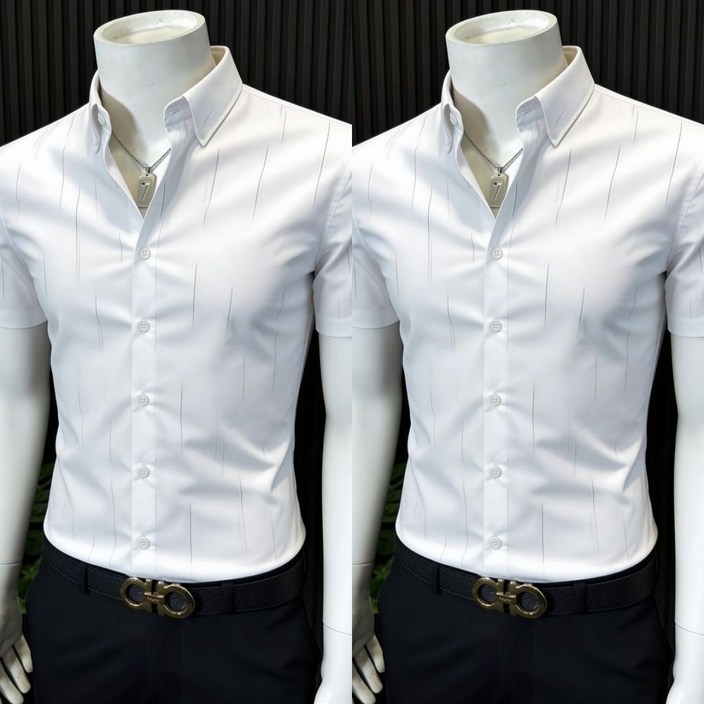❤Novidades❤❤ Camisa masculina de manga curta na moda magro-ajuste não-ferro polegada camisa de negócios High-End Casual 