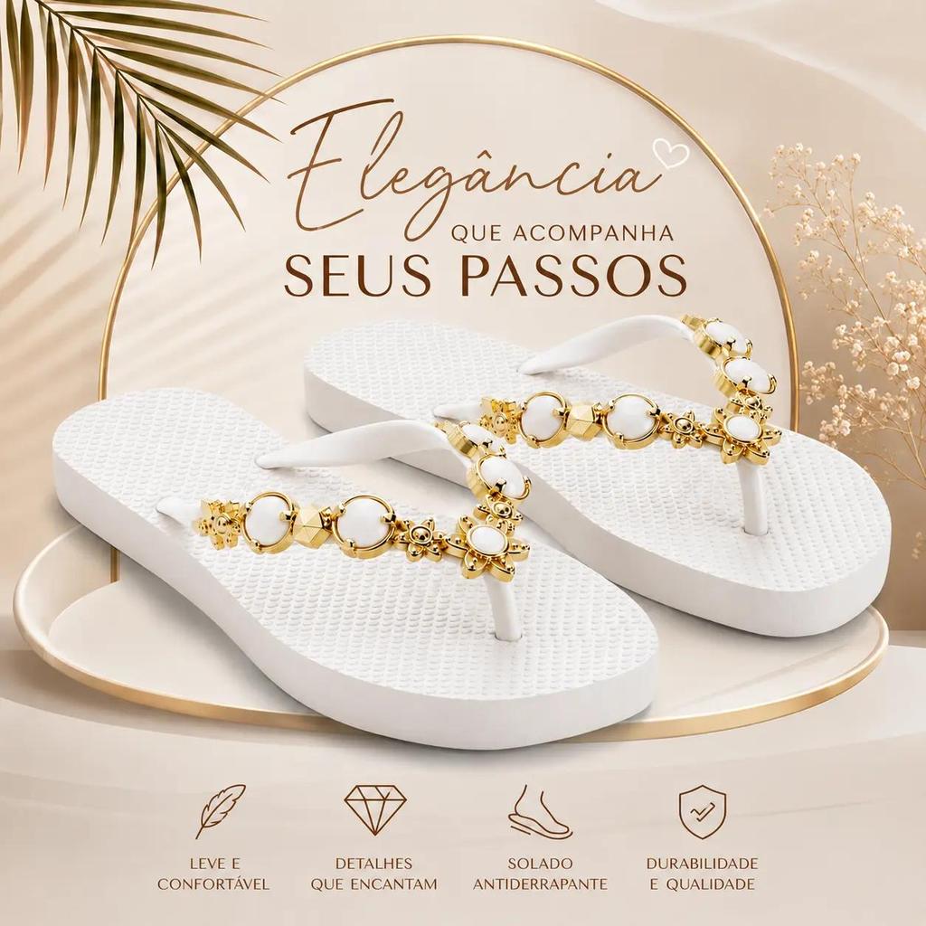 Chinelo Feminino Tiras Douradas e Pedraria Material Macio Elegância Casual Chic para Passeios e Praia