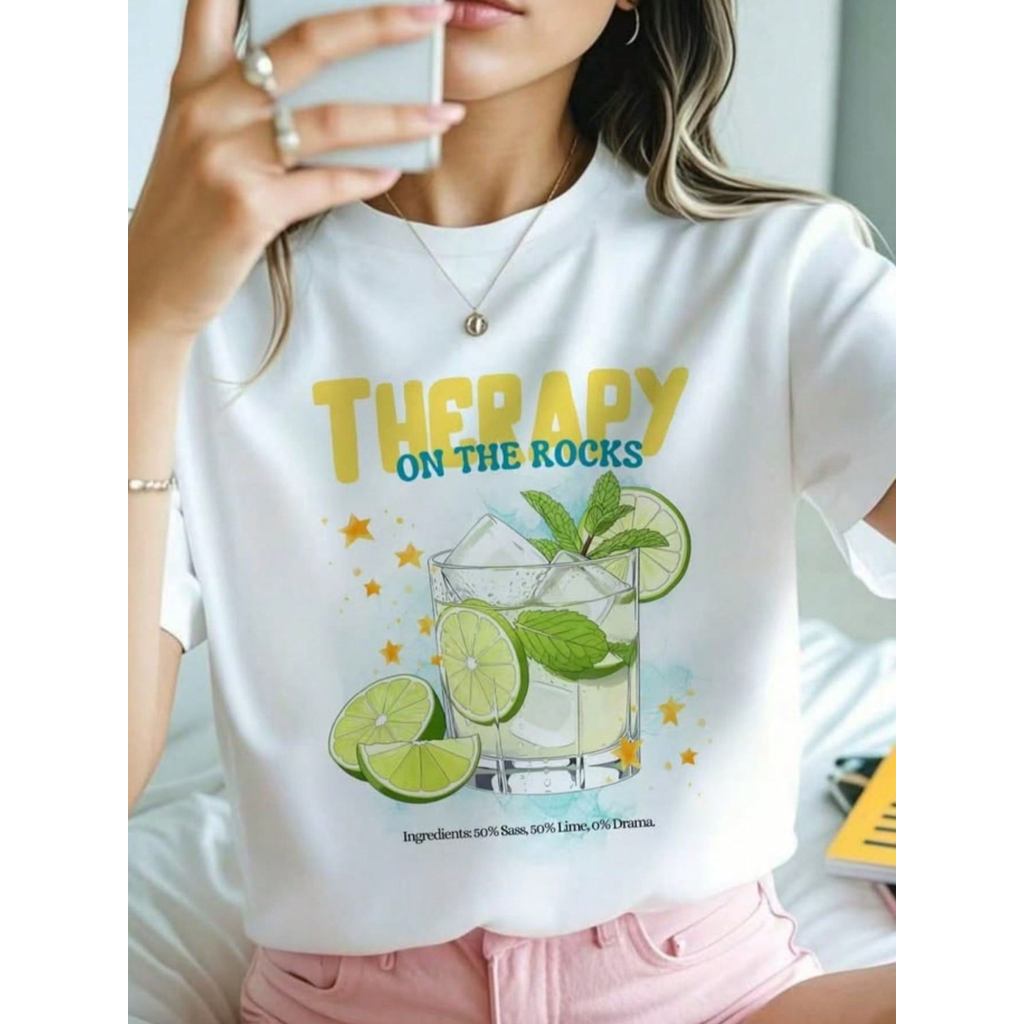 Camiseta Feminina Estilosa Moderna Casual 100% Algodão Leve Confortável Estampa Suave Streetwear Therapy on the Rocks