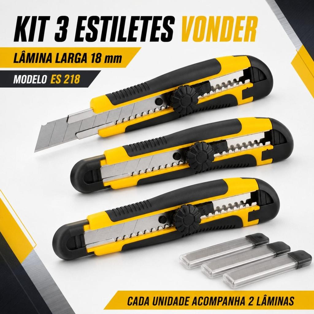 Kit 3 Estiletes Vonder ES 218 Largo 18 mm - 3 unidades com 6 lâminas (2 por estilete)
