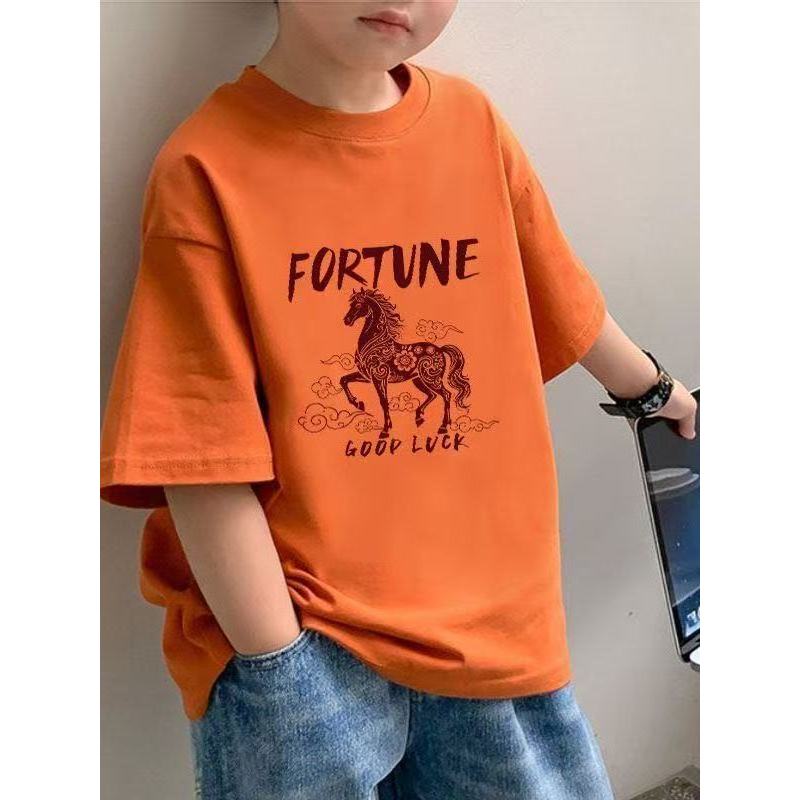 Crianças médias grandes crianças puro algodão manga curta impresso camiseta 2026 verão novo estilo moda cavalo da sorte 