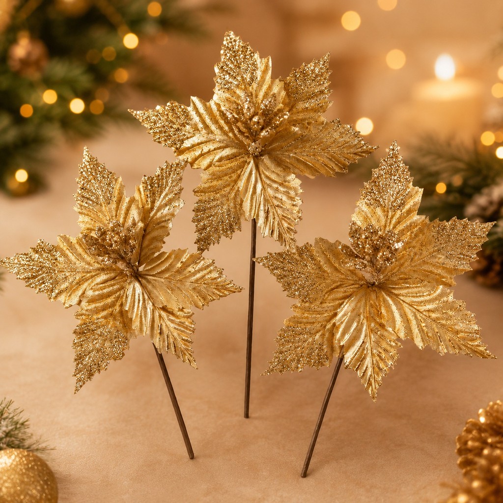 Kit 3 Flores de Natal Premium com Glitter Enfeite para Árvore Guirlanda Arranjo Decoração Natalina
