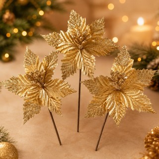 Kit 3 Flores de Natal Premium com Glitter Enfeite para Árvore Guirlanda Arranjo Decoração Natalina