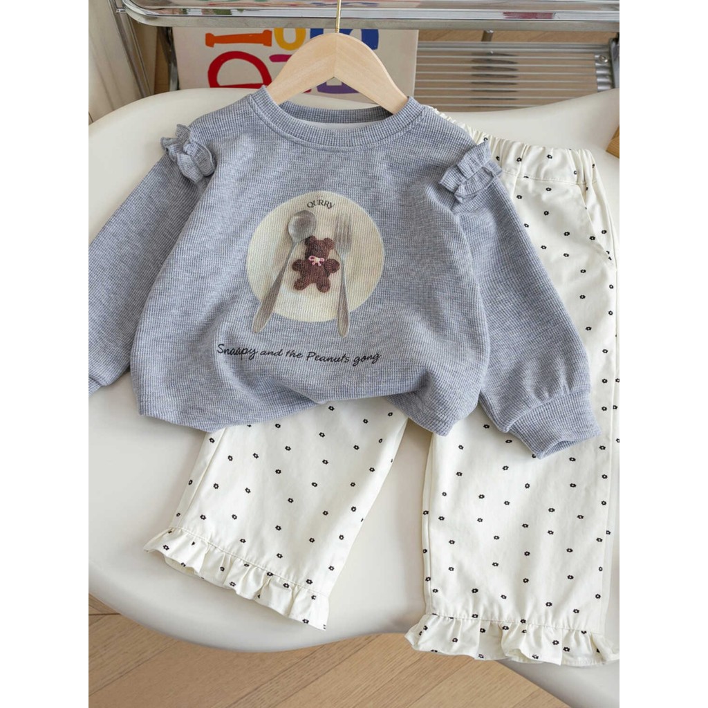 Feminino crianças outono terno dos desenhos animados rendas impresso moletom 2025 novo estilo bebê moda versão coreana b