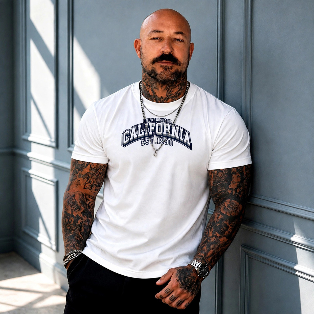 Camiseta Masculina Estampada Califórnia 100% algodão Malha Premium Tecido Casual t shirt Cross Esporte Exercício Fitness