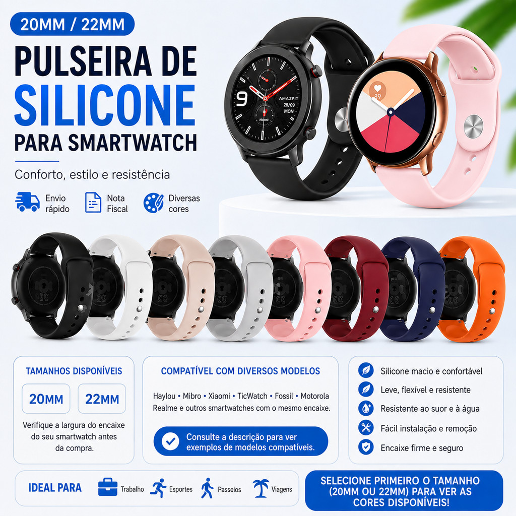 Pulseira Silicone Universal 20mm 22mm para Smartwatch Amazfit Samsung Huawei Xiaomi Garmin Haylou Mibro e Mesmo Encaixe