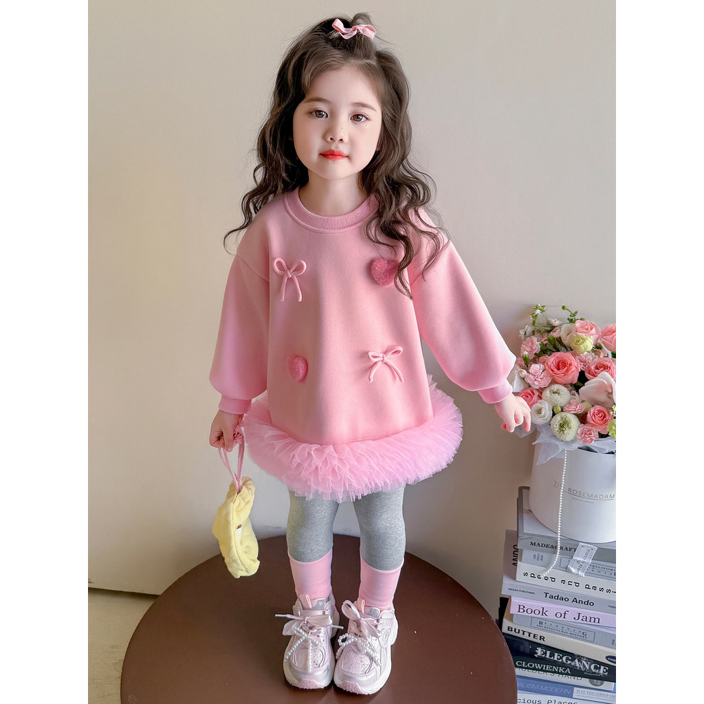Meninas terno outono estilo ocidental gaze costura crianças moletom vestido meninas primavera outono manga comprida saia