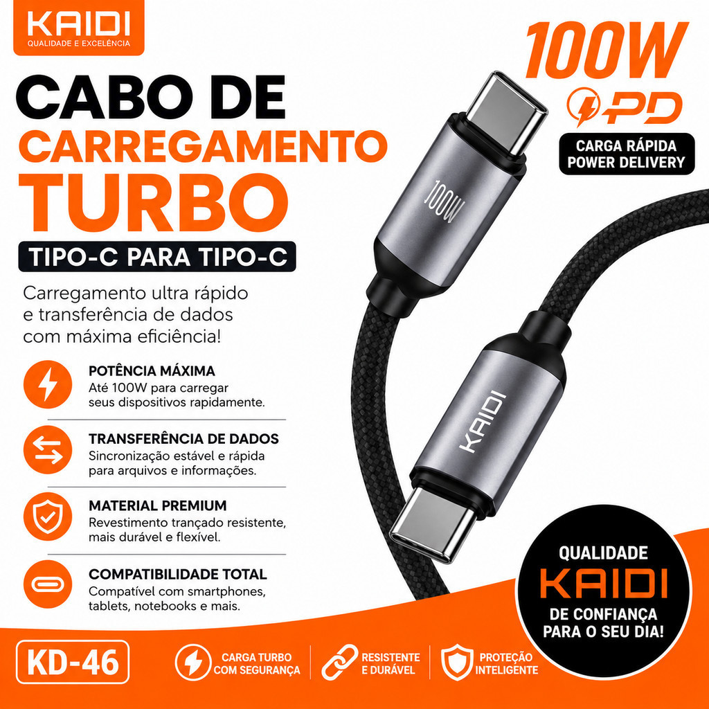 Cabo USB-C para USB-C KAIDI KD-46 100W PD Carregamento Turbo e Transferência de Dados