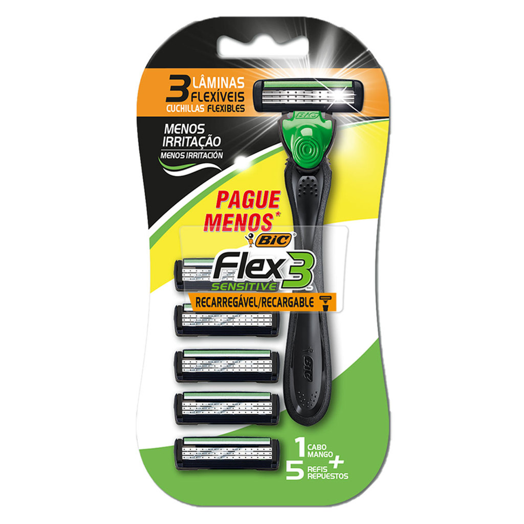 Barbeador descartável Flex3 Hybrid Sensitive recarregável Preto + 5 lâminas Bic