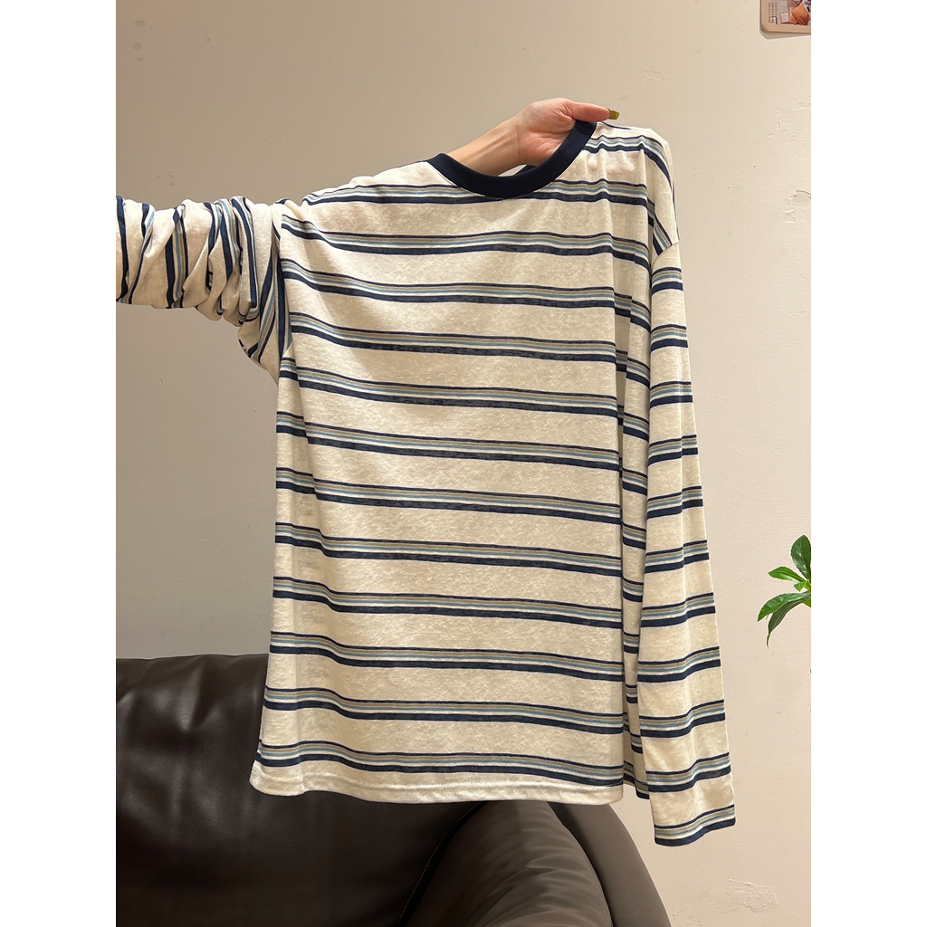 Estilo coreano estilo preguiçoso cinza listrado manga comprida camiseta das mulheres dos homens primavera outono inverno