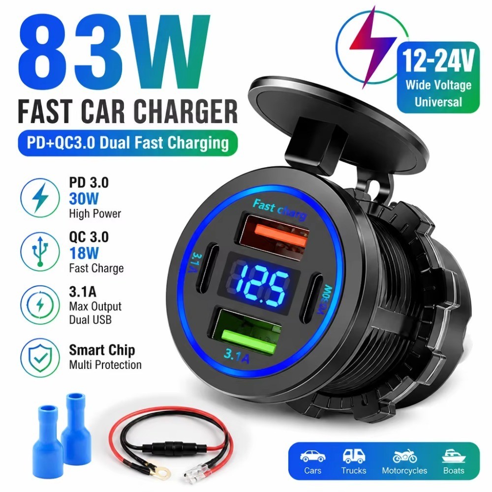 Tomada De Carregador De Carro De 4 Portas USB Tipo C 12-24V Carregamento Rápido Com Voltímetro E Ring Light Anel De Luz