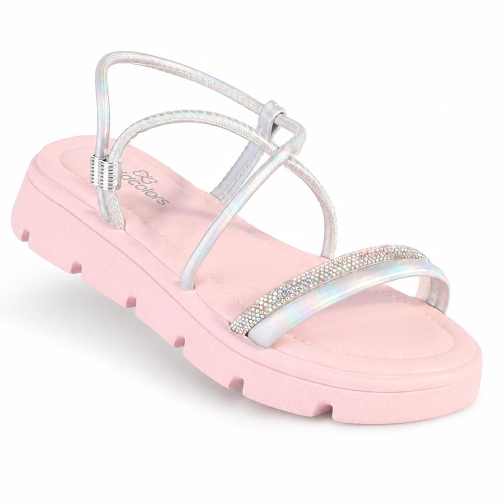 Sandália Infantil Menina WorldColors Rosa com Tiras Metalizadas e Strass Leve e confortável