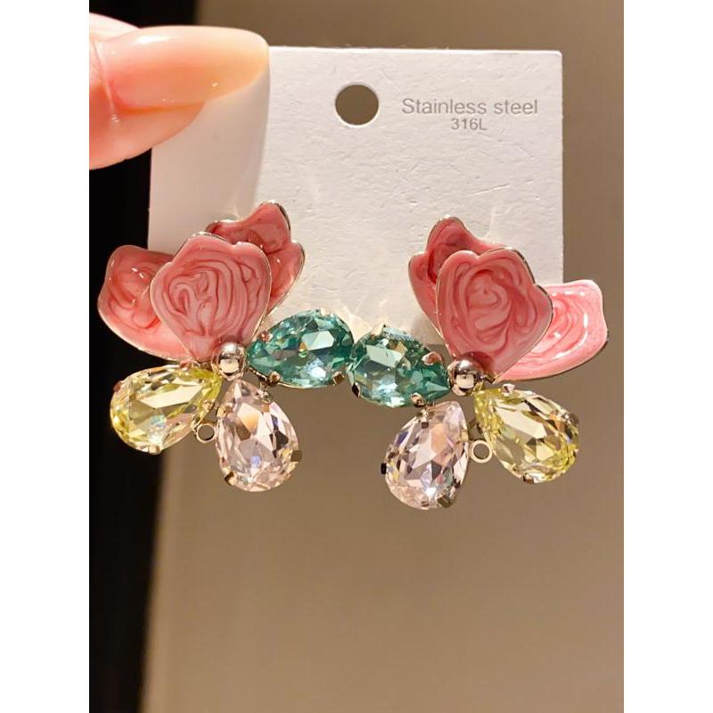 {Rosa rosa rima colorida} agulha de prata diamante flor brincos luz luxo High-End brincos suave doce temperamento brinco