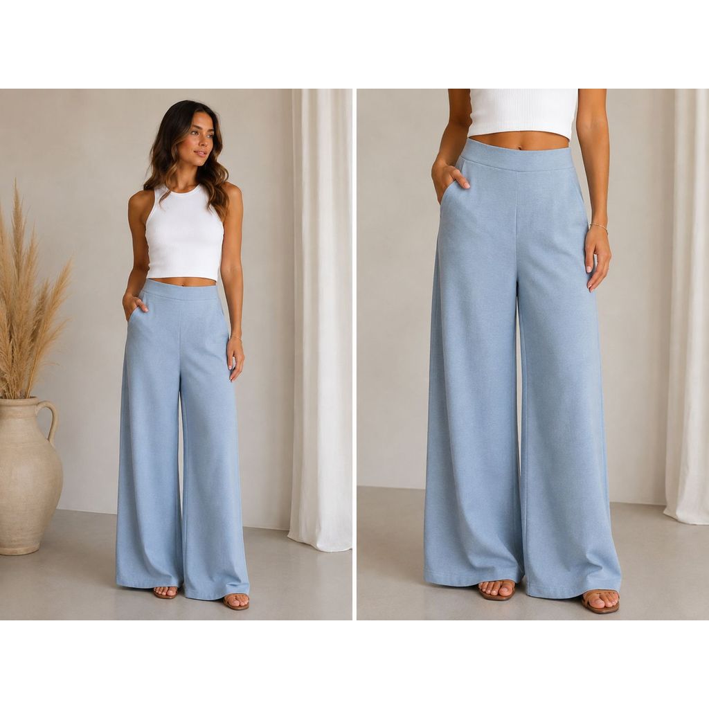 Calça Pantalona De Linho Alfaiataria Cintura Alta e Bolsos Confortavel Moda Casual