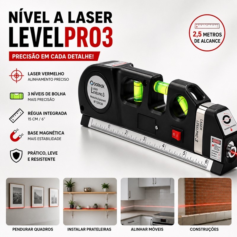 Nível Laser Profissional Trena Level Pro 3 Estágios Nivelador AIRER.BR