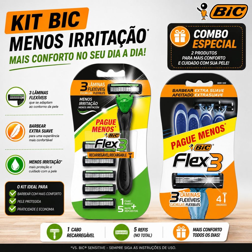 Kit Bic Flex3 Hybrid Sensitive + Flex3 Azul