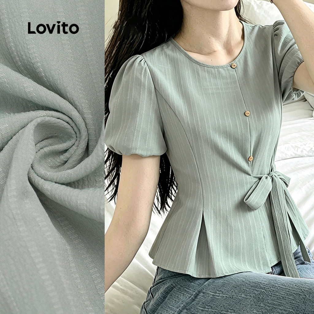 Lovito Blusa Elegante com Laço Frontal Plissada Primavera/verão Verde para Mulheres L199ED190