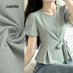 Lovito Blusa Elegante com Laço Frontal Plissada Primavera/verão Verde para Mulheres L199ED190
