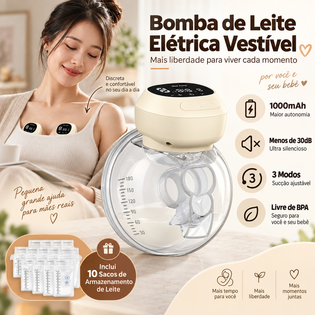 Bomba Extratora de Leite Materno Elétrica Portátil com 10 Sacos para Armazenamento e Bico de Silicone Confortável