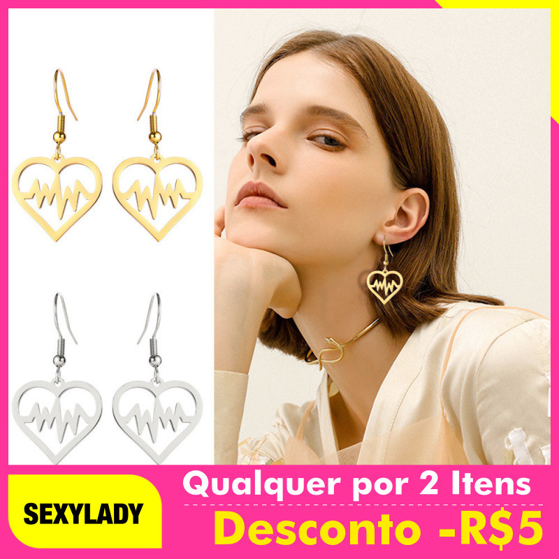 Brincos de Moda, Acessórios, Brincos de Ouro com Design de Eletrocardiograma, Brincos de Coração Femininos, Acessórios,