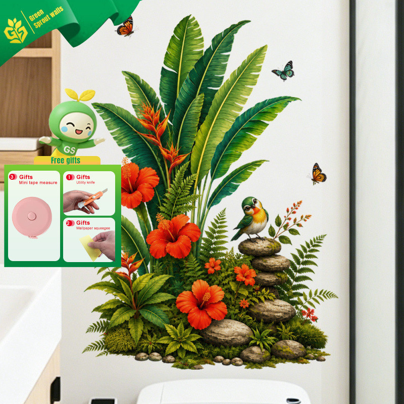 Moderno simples Tropical Plantain folha pássaro borboleta adesivo de parede PVC impermeável autoadesivo sala de estar en