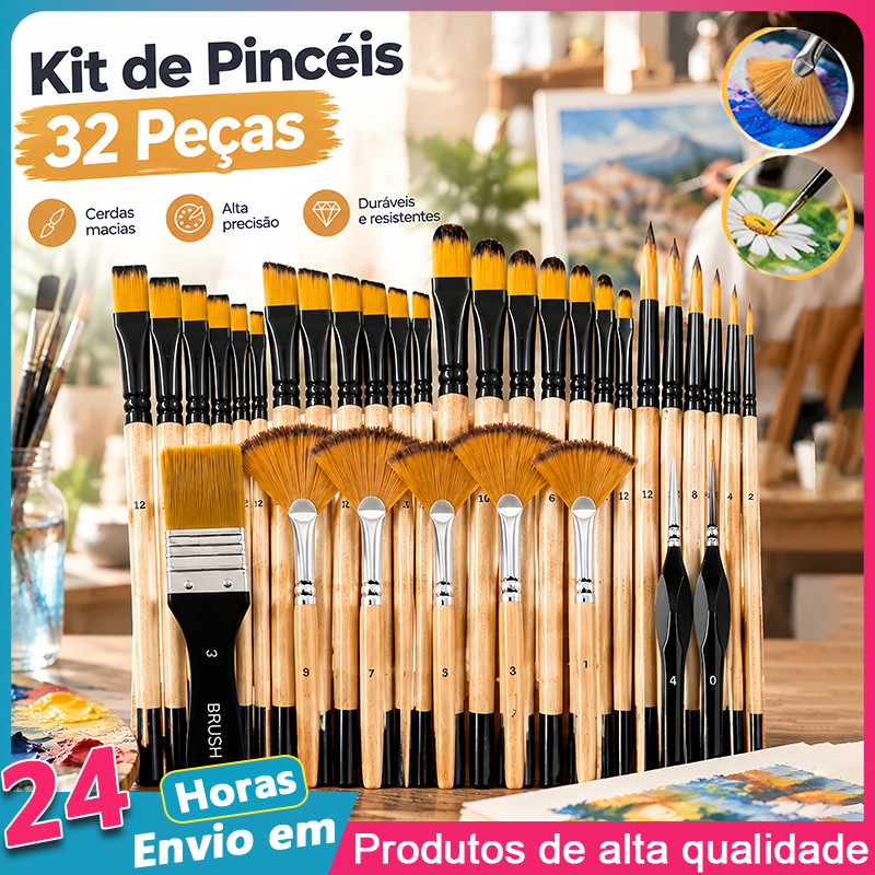 Kit 32 Pincéis Conjunto Pincéis Multiuso com Cerdas Nylon PremiumInclui Pincéis Redondos Língua  Gato Chatos Leque