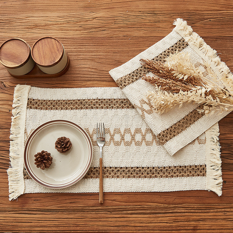 Jogos Americanos De Tecido Contemporâneo Boho Com Borlas , Tapetes De Mesa Listrados Bege Para Casamento , Festa E Decor