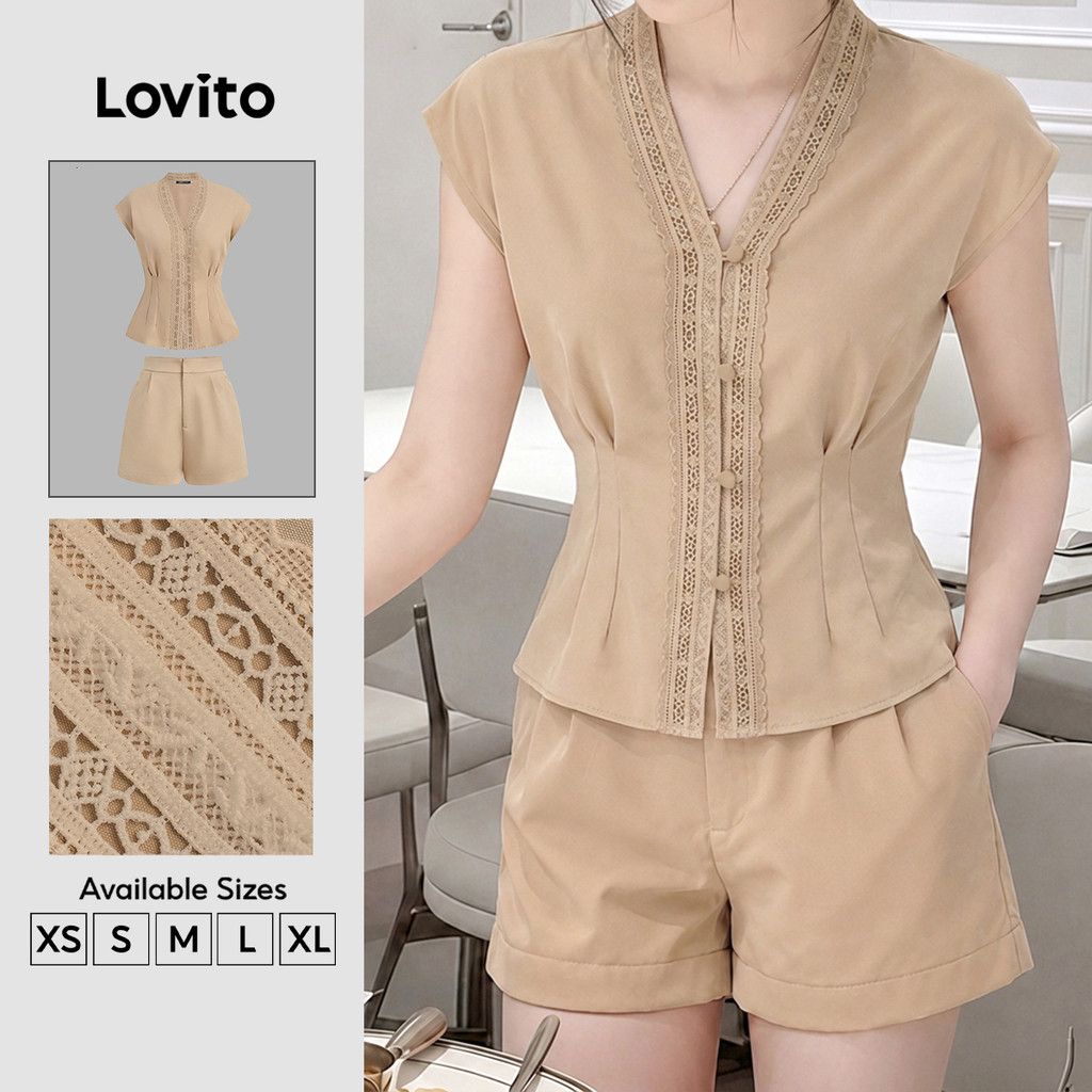 Lovito Conjunto de Shorts Casuais Botão Primavera/verão Conjunto de Shorts Cáqui para mulheres SHK8P1D536
