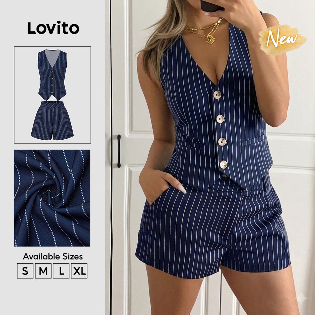 (New Arrival) Lovito Shorts Femininos Casuais Listrados Com botões/bolsos/zíper Azulescuro primavera/verão SHB39BR259