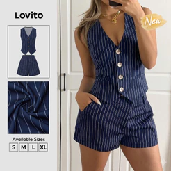 (New Arrival) Lovito Shorts Femininos Casuais Listrados Com botões/bolsos/zíper Azulescuro primavera/verão SHB39BR259