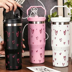 Garrafa copo Térmica 900ml Inox Coração linha Isola Quente Frio Dupla Bebida Tampa Antivazamento Para Viagem e trabalho