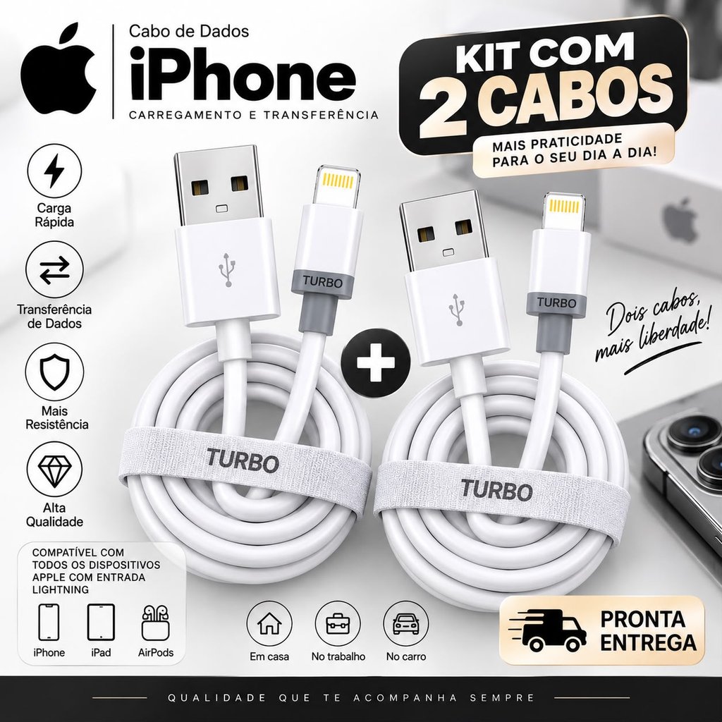 Cabo Lightning para iPhone Carregamento Rápido | 1 Cabo ou Kit com 2 Cabos | Compatível com iPhone, iPad e AirPods
