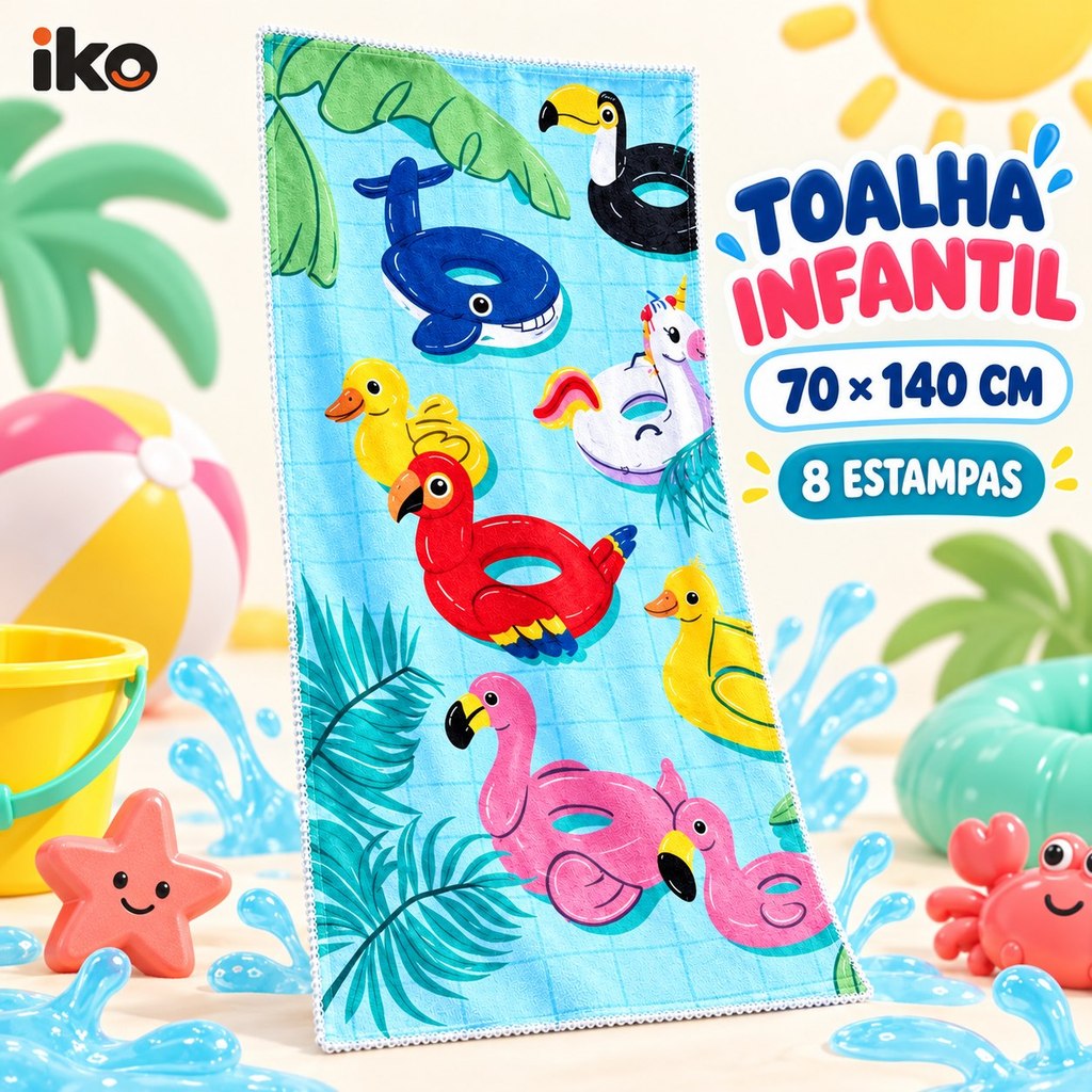 Toalha Infantil 70x140cm para Praia e Piscina Estampada Menino e Menina 100% Poliéster