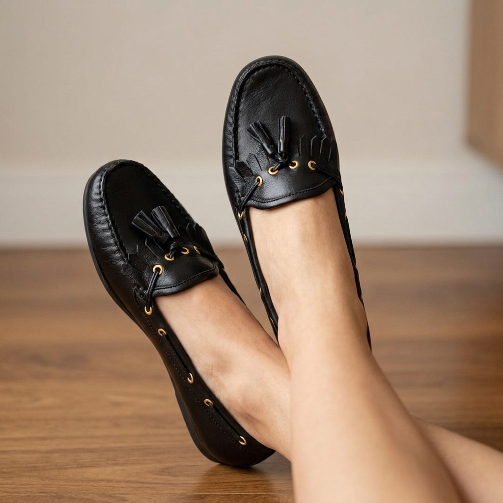 Mocassim Feminino Sapatilha Couro Legítimo Barbicacho Elegante Confortável Preto