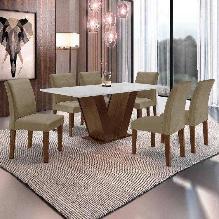 Conjunto Sala de Jantar Mesa 6 Cadeiras MDF Espanha Yescasa Marrom /Off White/Veludo Bege Escuro Chocolate/Off