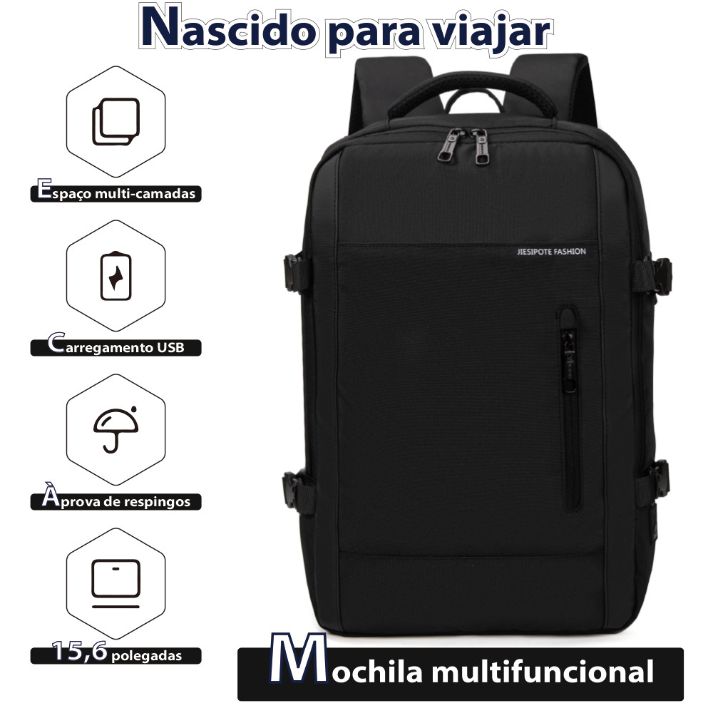 Mochila Grande Capacidade USB para Notebook 15.6" Mochila de Viagem Trabalho Preta