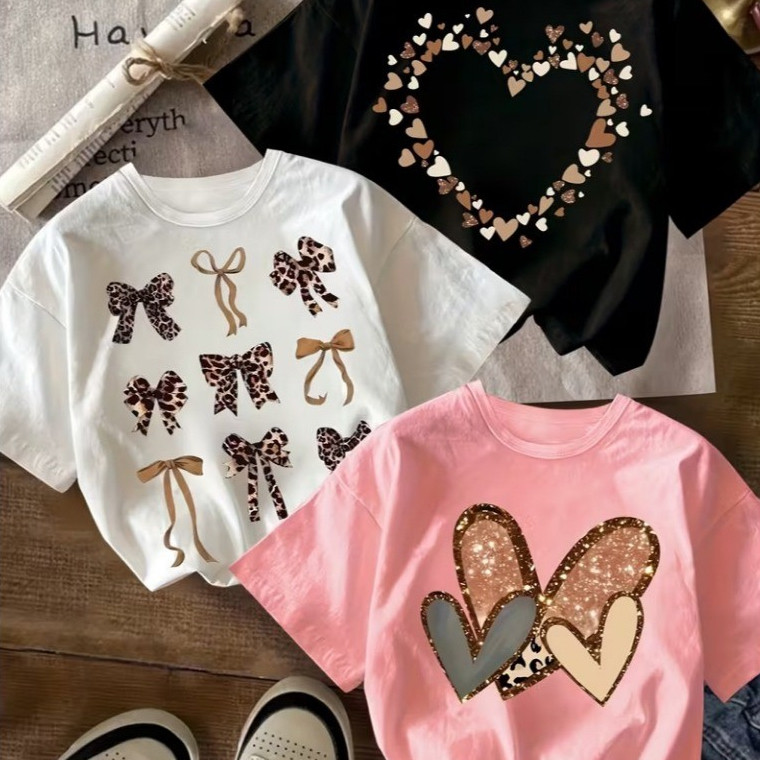 Kit 3 Camisetas Infantil Juvenil Estampada Menina Delicada Moda Blogueira Blusa Estilosa  Corações Dia das Crianças