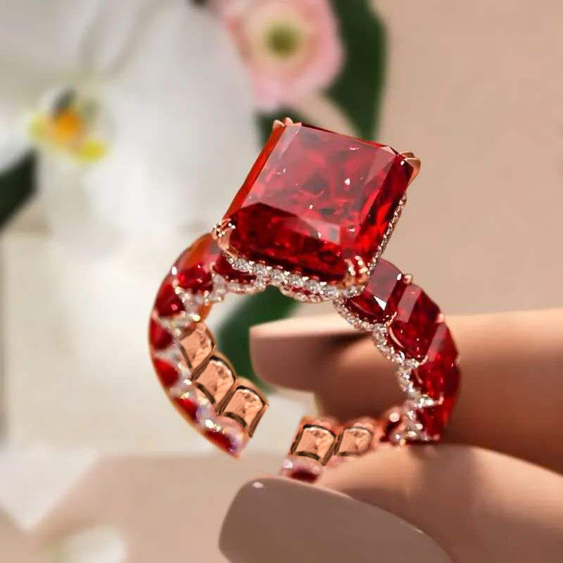 Anel novo cravejado de diamantes rosa e rubis, anel de ouro com rubis, anel de diamantes ajustável para mulheres 2923
