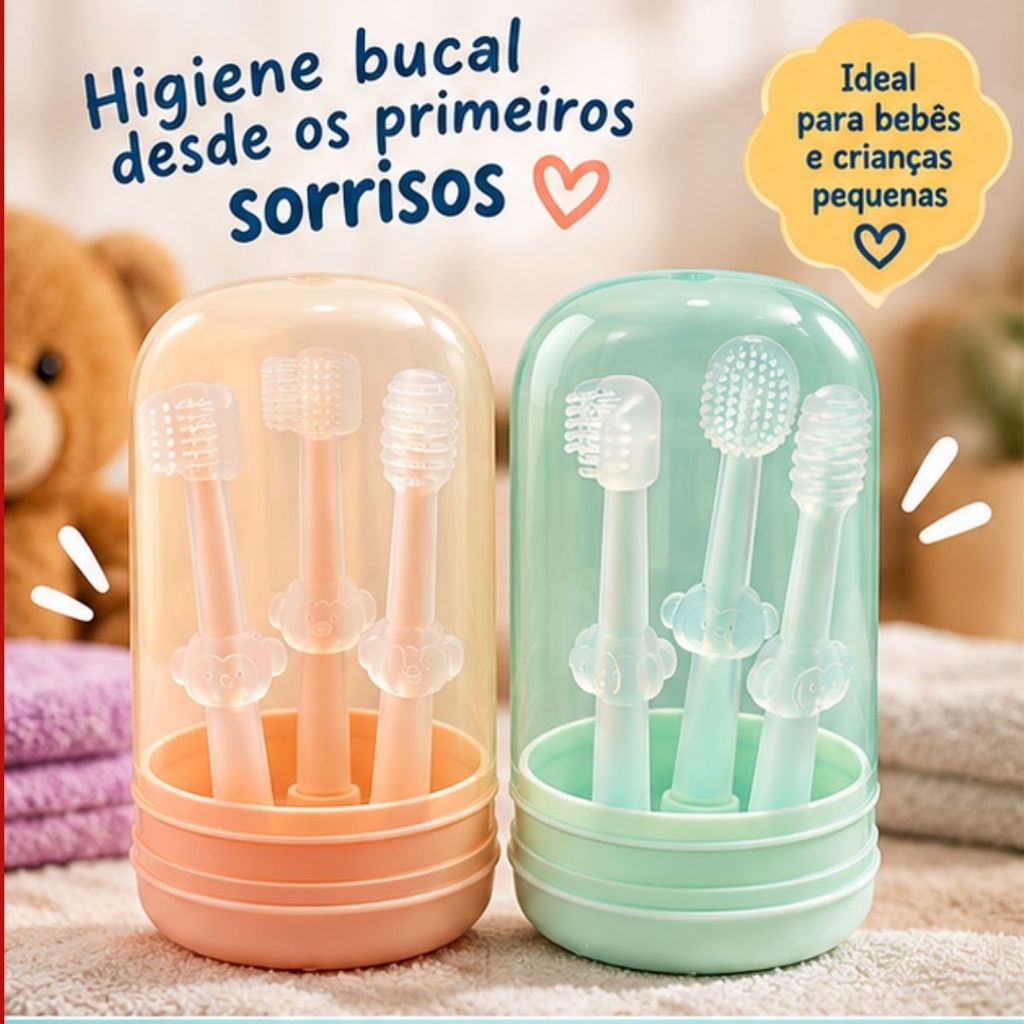 Kit Higiene Bucal Bebê 3 Escovas de Silicone com Estojo Gengiva Dentinhos Língua Infantil 0 a 3 Anos Sem BPA Oral