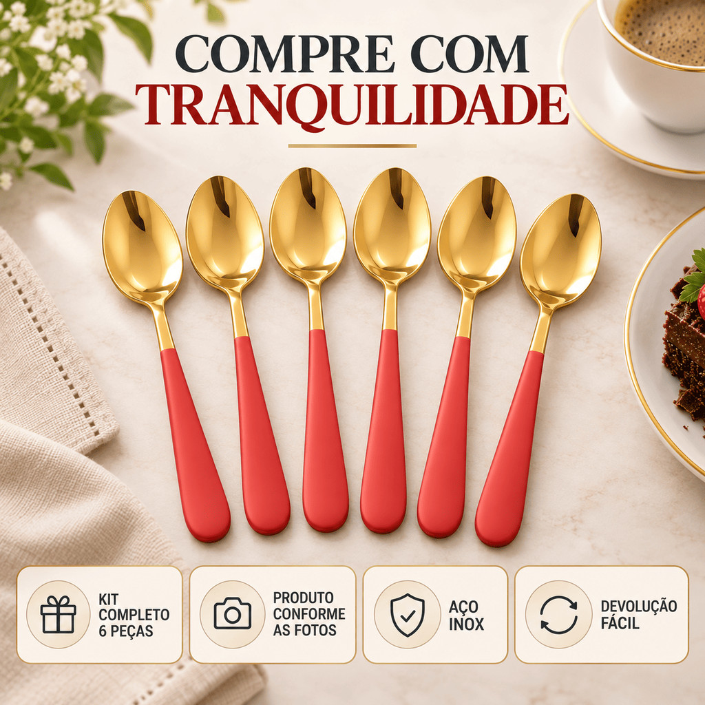 Kit 6 Colheres Chá Aço Inox Dourada Cabo Vermelho Fosco Café Sobremesa Uso Diário Mesa — imagem 2 de 2