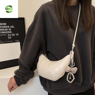Bolsa de ombro KIDST com design de macaron, feita em couro sintético (PU), com pingente de pérola e laço decorativo na a