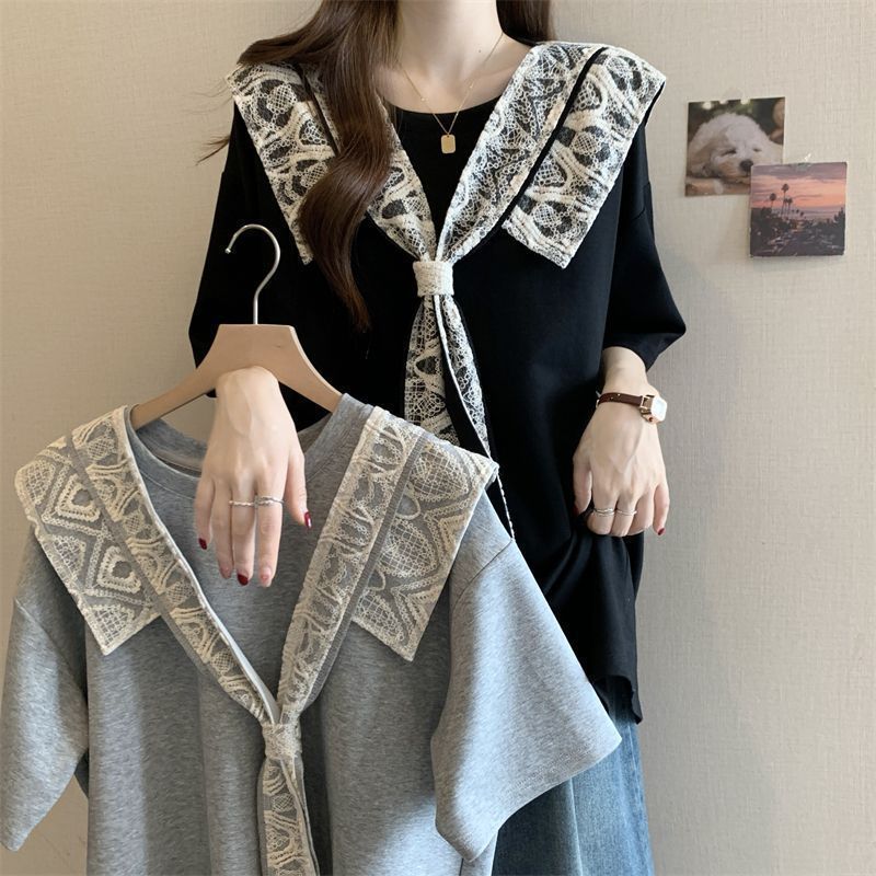 Tamanho grande moda renda costura frente ombro de manga curta camiseta feminina verão novo estilo gordura mm solto mais 