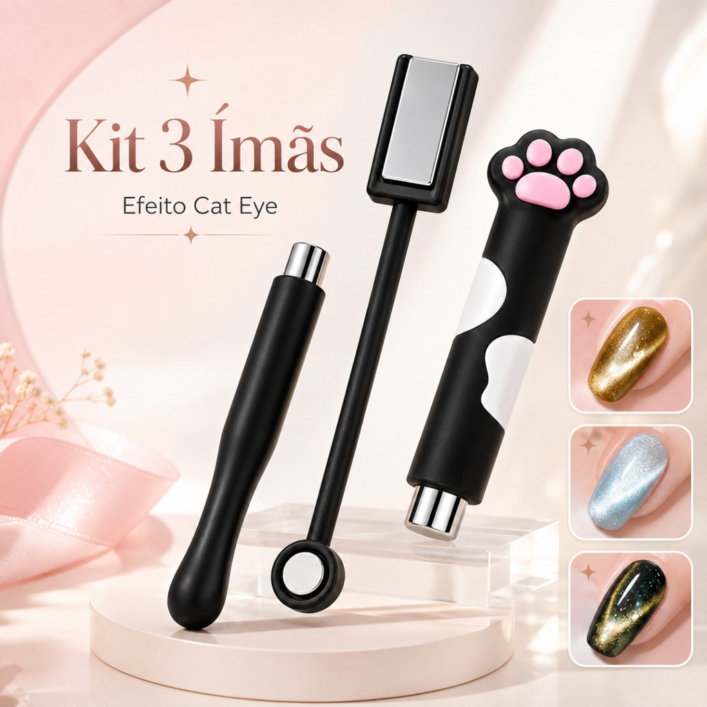 Kit 3 Ímãs Magnéticos Nail Art Cat Eye para Esmalte Gel Olho de Gato