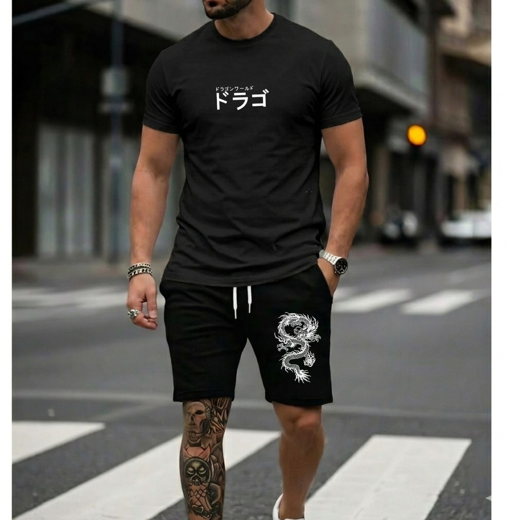Kit conjunto Camisa básica algodão e bermuda tactel dragão streetwear Camiseta masculina Lançamento Elegante