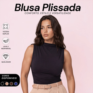 Blusa Feminina Regata Gola Alta Drapeada Assimétrica Plissada Básica